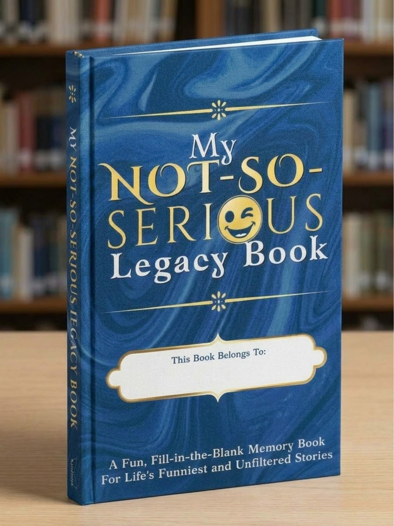 My Not-So-Serious Legacy Book cover - a gold-accented blue hardcover keepsake memory journal gift for family, parents, and friends.